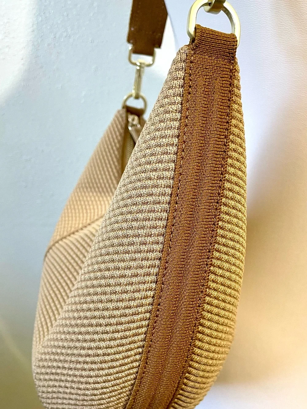 Rothy’s The Hobo Shoulder Bag Brown Woven Knit Crescent Recycled Handbag Purse